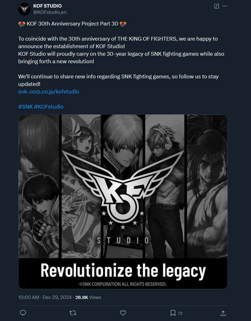 SNK Corporation công bố thành lập KOF Studio