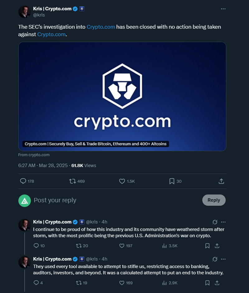 SEC kết thúc điều tra Crypto.com, không có kế hoạch khởi kiện