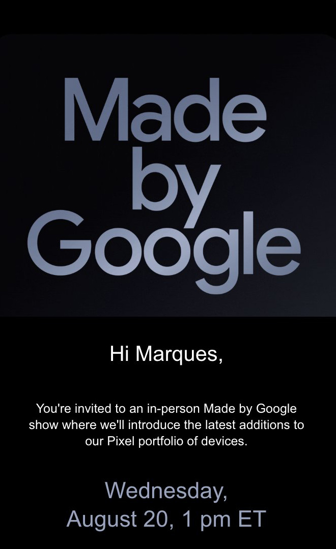 Thư mời tham dự sự kiện Made by Google. Ảnh: Marques Brownlee.