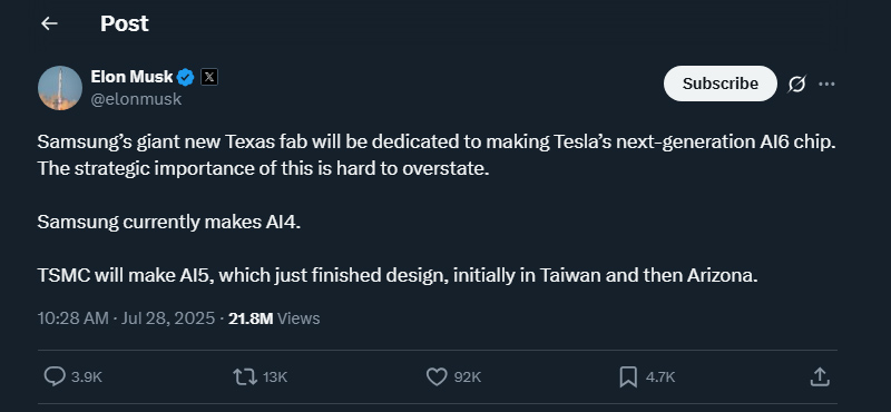 Samsung ký hợp đồng 16,5 tỉ USD cung cấp chip cho Tesla