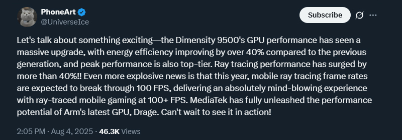 Dimensity 9500 sẽ cải thiện hiệu suất GPU hơn 40%