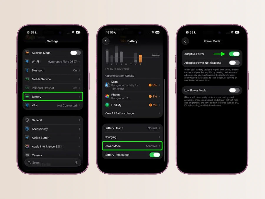 Hướng dẫn bật/tắt Adaptive Power Mode với giao diện tiếng Anh. Ảnh: MacRumors.