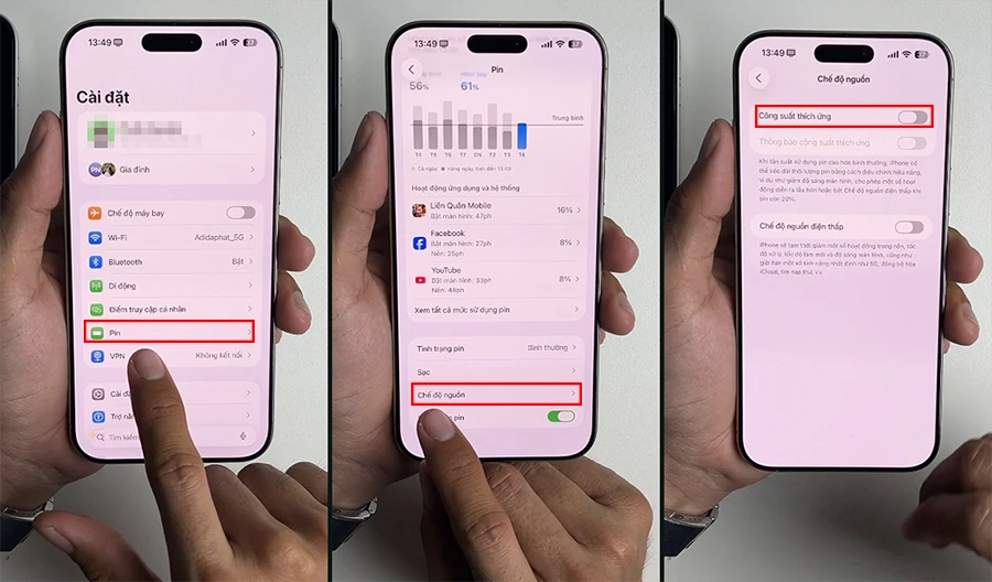 Hướng dẫn bật/tắt Adaptive Power Mode với giao diện tiếng Việt. Ảnh: Chụp màn hình video của Phước Rin.