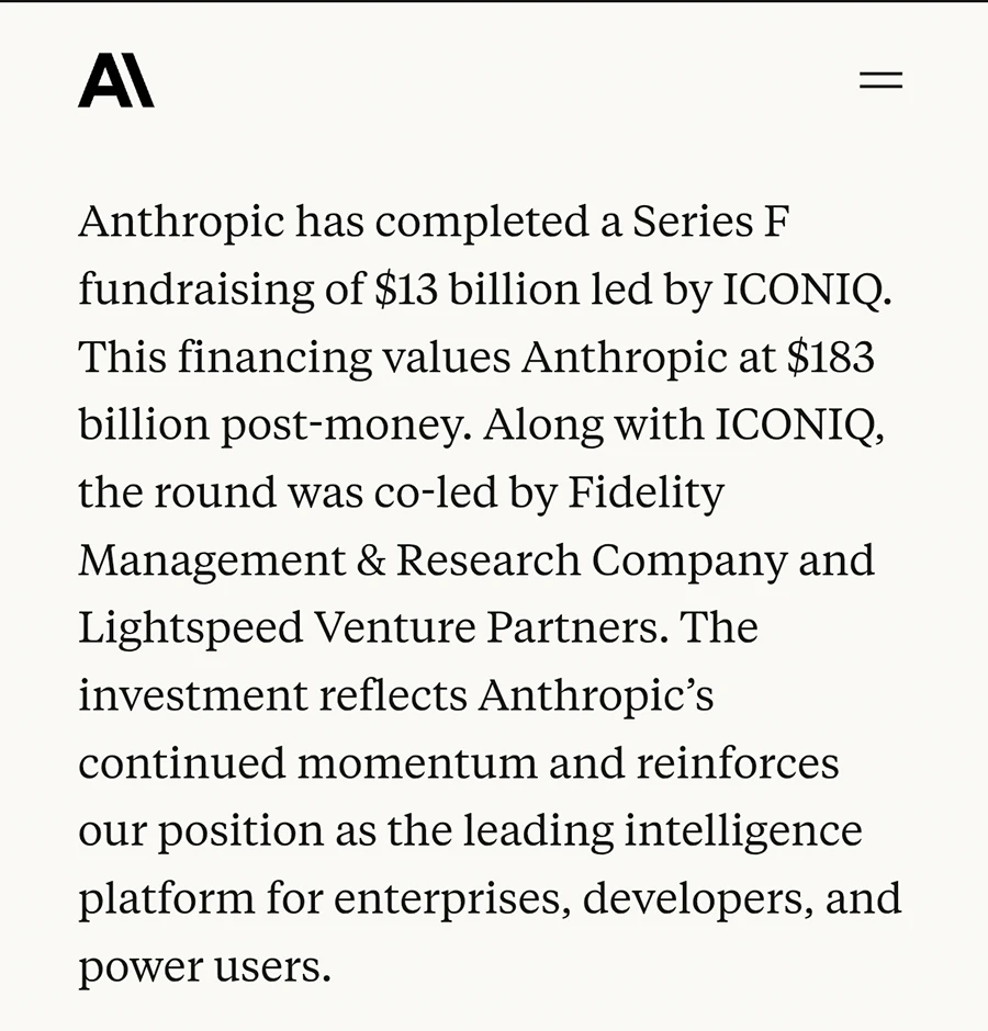 Công ty AI Anthropic gọi vốn 13 tỷ USD, định giá 183 tỷ USD