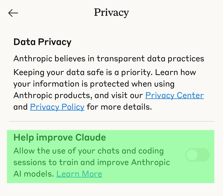 Tùy chọn chia sẻ dữ liệu trong Privacy Settings.