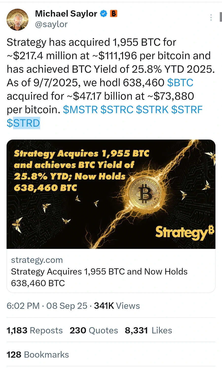 Strategy mua thêm 1.955 Bitcoin với giá 217 triệu USD