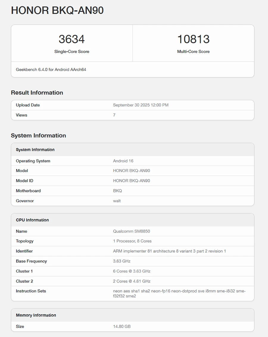 Honor Magic 8 Pro lộ thông số kỹ thuật trên Geekbench