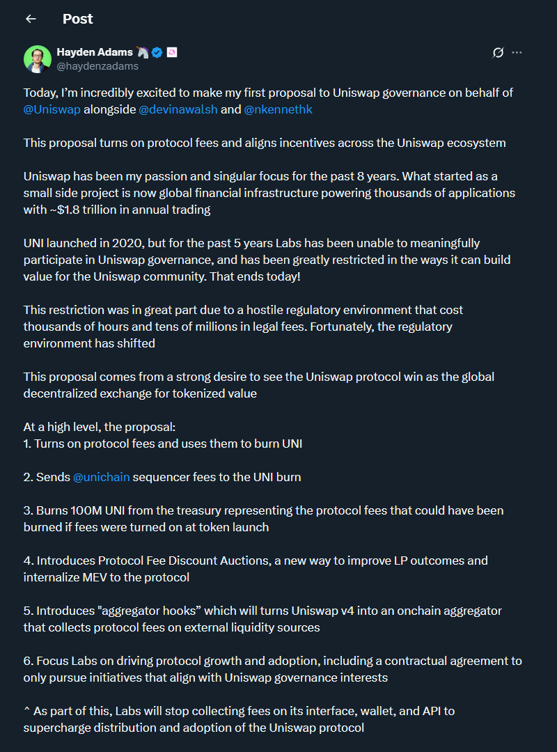 Uniswap đề xuất đốt token UNI và cải tổ phí giao thức